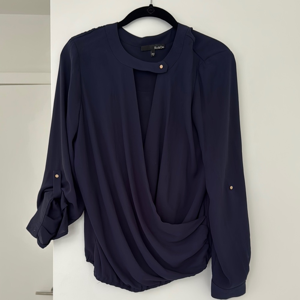 Navy Blue Blouse with Button Detail